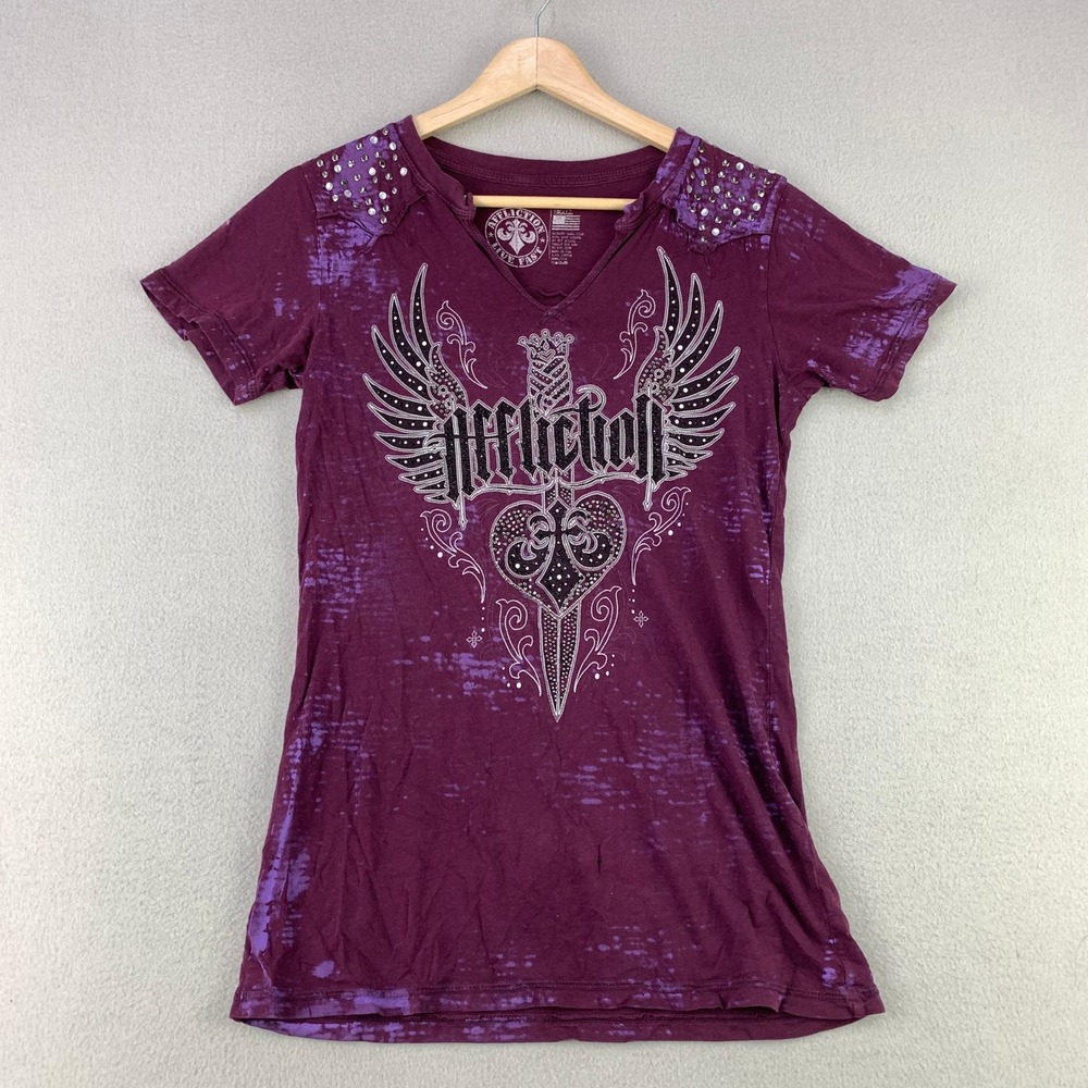 Affliction Live Fast Graphic Tee Women Small Purple Y2K Studded Dagger Shirt
